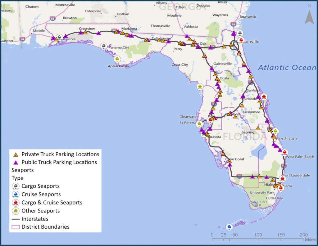 Florida map showing private and public truck parking locations along interstate highways.