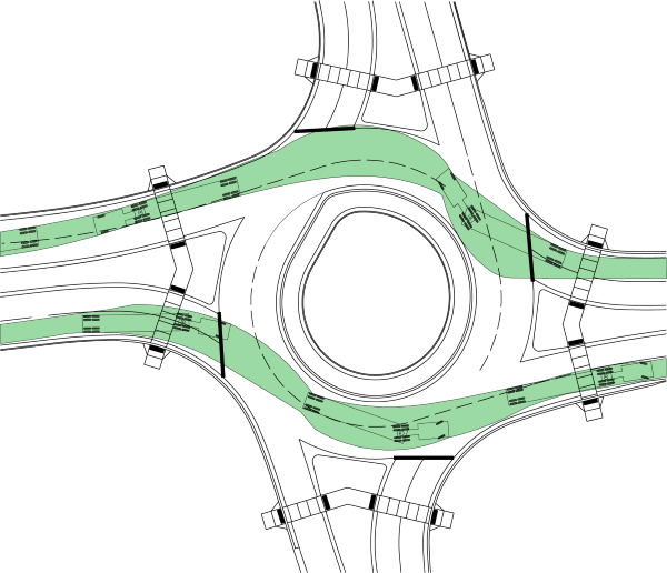 Illustration of the features of a multilane roundabout shows pedestrian crosswalks at all four roadway entrances and exits, travel lanes, center island, and Detectable Warning Surface.