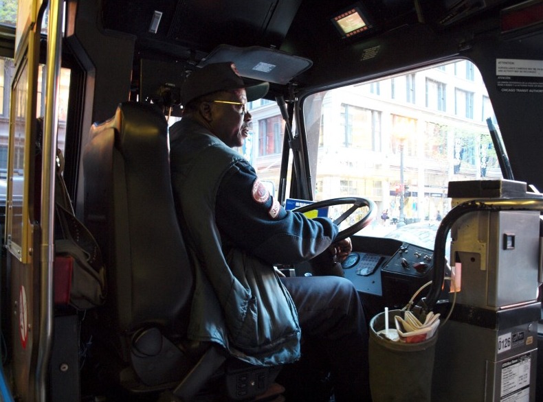 Bus driver behind the wheel