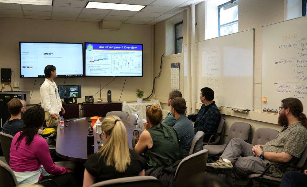 A person presents to a group of T R B DATA Conference attendees seated around a table in a room at the University of Washington's STAR Lab. Two screens display content. One screen reads L L M Development Overview. Whiteboards with writing are on walls.