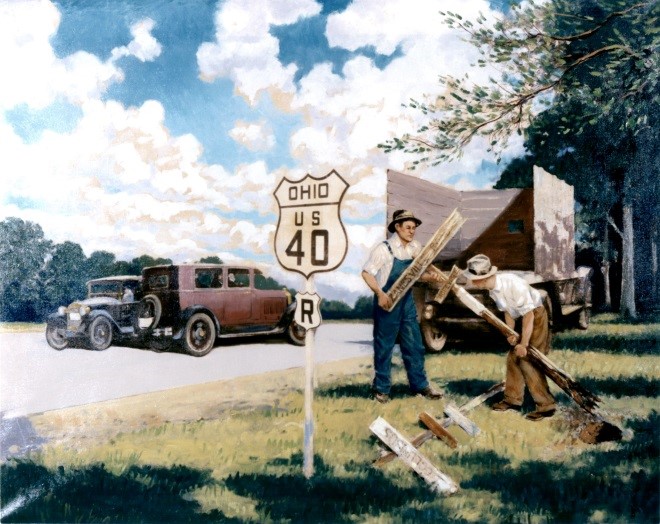 A painting depicts two workers replacing older route markers with a U S 40 highway shield sign labeled O H I O, with the letter R below, and an early automobile parked nearby.
