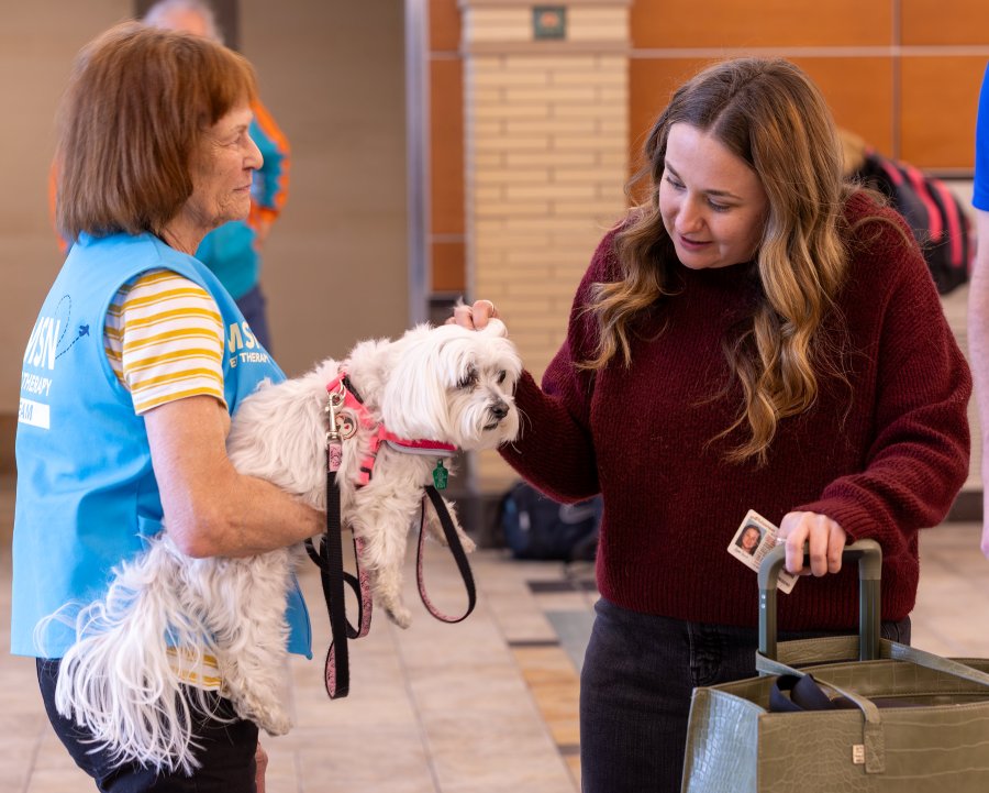 A woman with luggage pets a small dog held by another woman wearing a staff vest in an indoor public area of an airport.