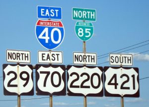 Road signs in Staunton Virginia mark Interstate 40 east, Route 85 north, Route 29 north, Route 70 east, Route 220 north, and Route 421 south.