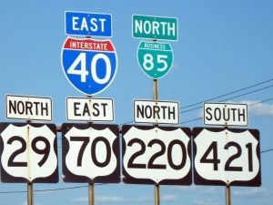 Road signs in Staunton Virginia mark Interstate 40 east, Route 85 north, Route 29 north, Route 70 east, Route 220 north, and Route 421 south.