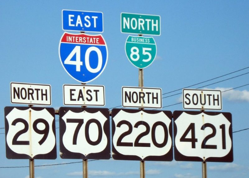 Road signs in Staunton Virginia mark Interstate 40 east, Route 85 north, Route 29 north, Route 70 east, Route 220 north, and Route 421 south.