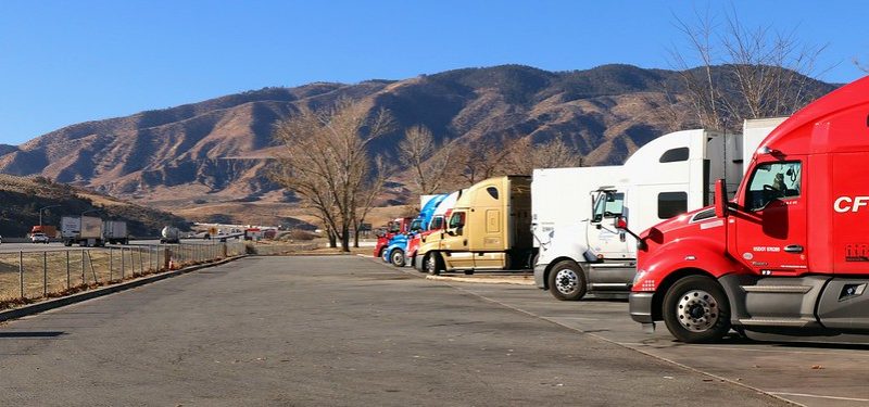 Lebec California Rest Area Several semi-trucks and freight trucks parked side by side at a rest area in Lebec, California.
