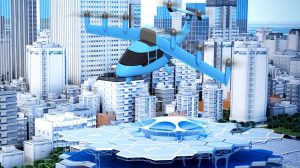 A concept rendering shows a large aircraft with three vertical propellers on each wink and two on the tail flying above a city with multistory buildings and a rooftop landing area.