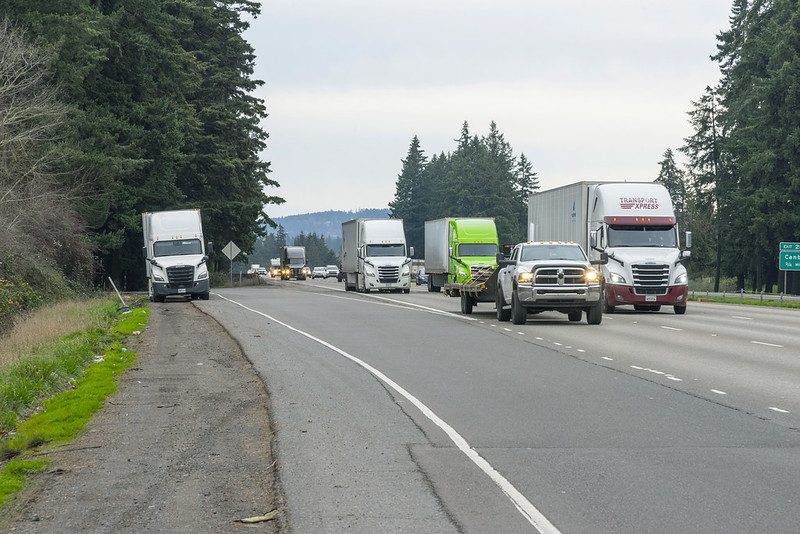 Ramp Shoulder Parking Frieght truck parked on a ramp shoulder of a busy interstate in Oregon.